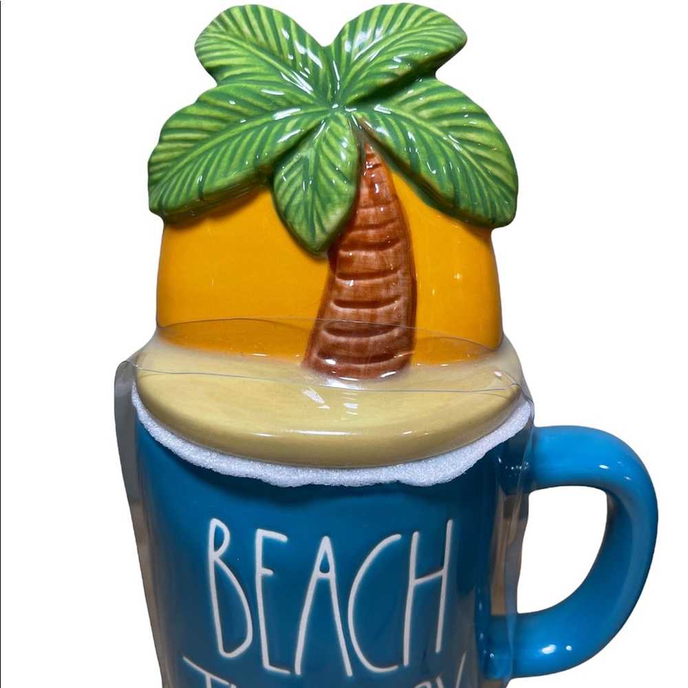 ⚡️SOLD⚡️Rae Dunn "Beach Therapy" Coffee Mug w/ Topper Lid Palm Tree 2 Set Mugs - Picture 7 of 11